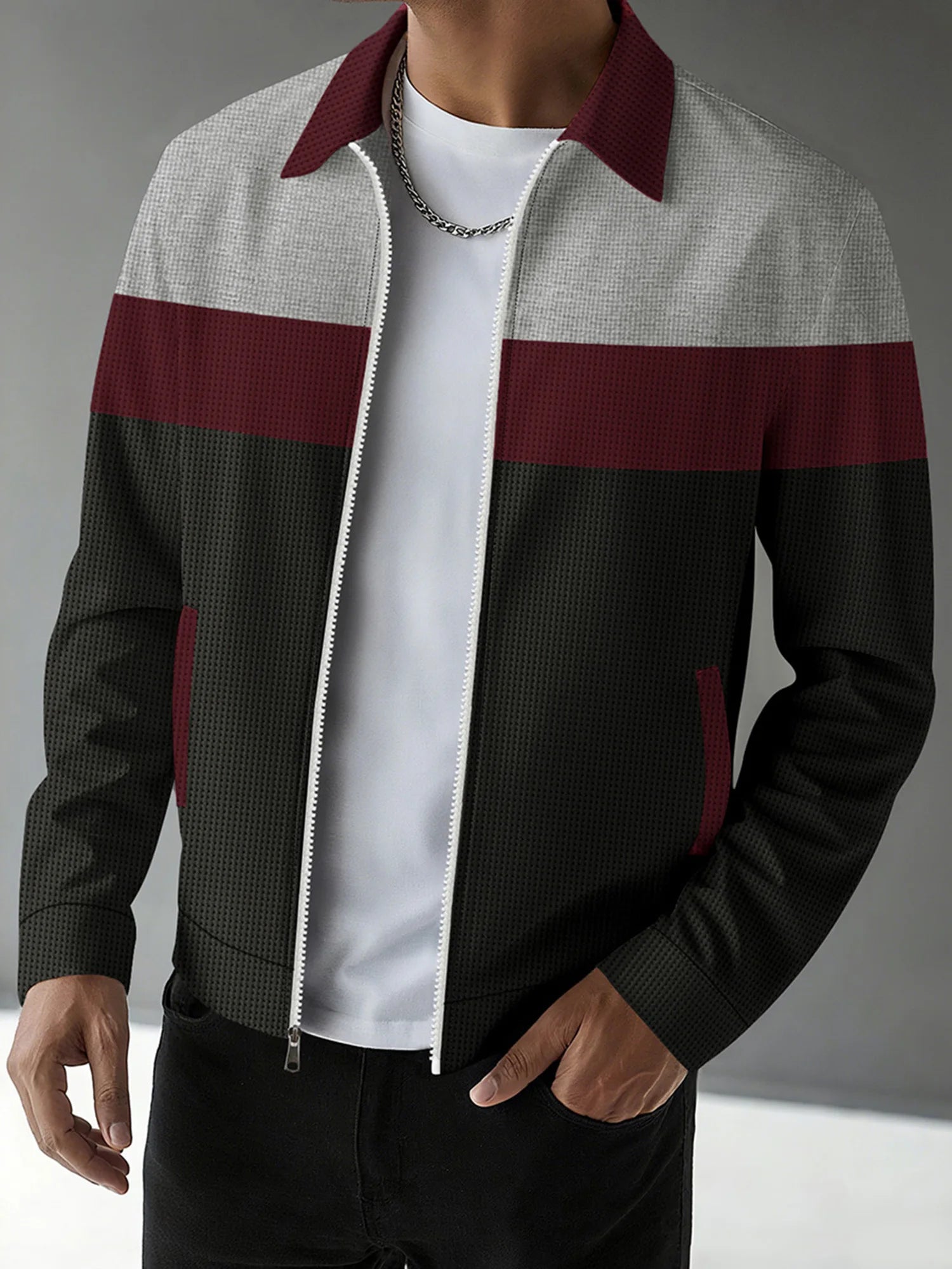 fachgo | Men s Casual Lapel Collar Zip Up Jacket with Patchwork Design Pockets and Stylish Outerwear for Fall Fashion