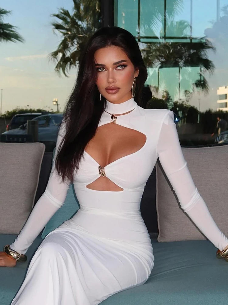 fachgo | Elegant Party Dresses For Women Fashion Sexy Solid Full Sleeves Hollow Out Turtleneck Sheath Hip Wrap Long Vestidos Robes Female