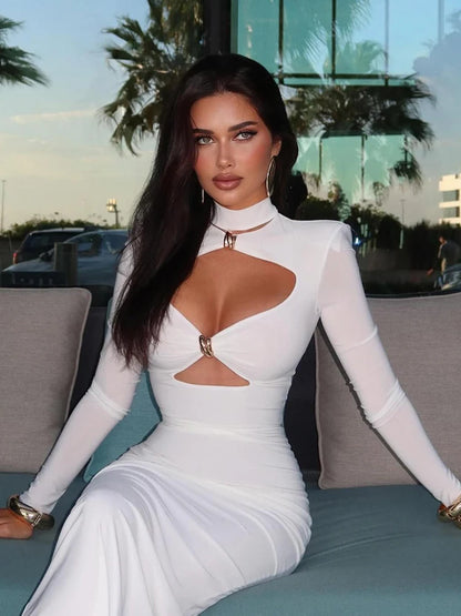 fachgo | Elegant Party Dresses For Women Fashion Sexy Solid Full Sleeves Hollow Out Turtleneck Sheath Hip Wrap Long Vestidos Robes Female