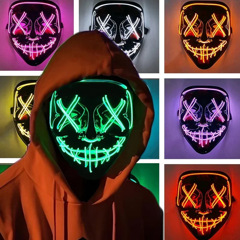 Cosplay Halloween Costume LED Light Up Scary Mask Halloween Mask Face for Man Kids Techwear Mask Lace Face Mask Party Decoration