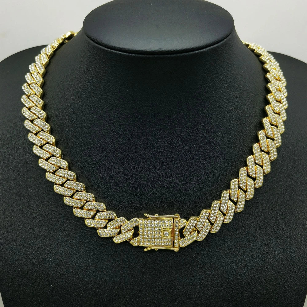 fachgo | Fashion Men Cuban Link Iced Out Necklace 14MM width Rhinestones Chain Rapper CZ Cuban Chain Necklace Hip Hop Birthday Jewelry
