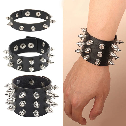 fachgo | 2024 Pu Leather Studded Bracelet Choker Punk Spike Rivets Cuff Black