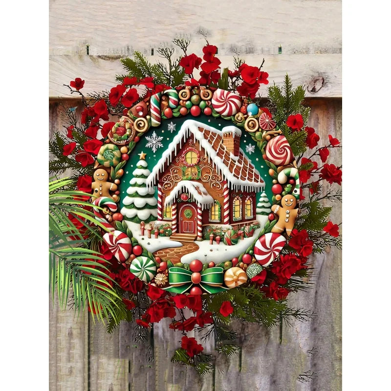 fachgo | Christmas Wooden Decorations2DRelief Snow House Gingerbread Man Candy Garland Sign For Courtyard Balcony Door Outdoor Home Decor