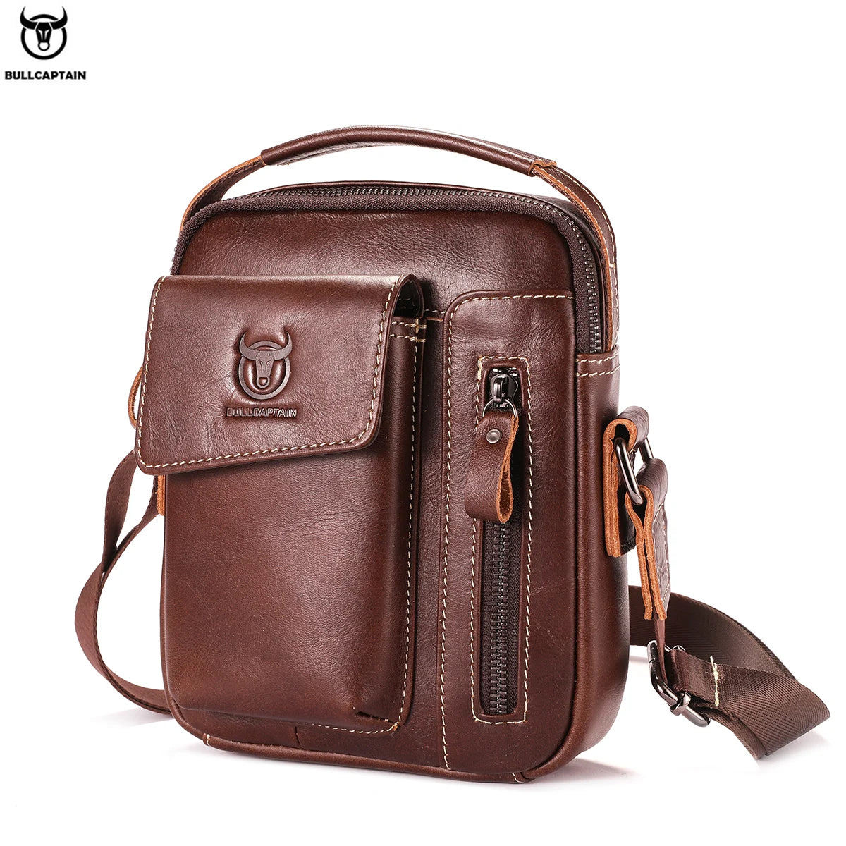 fachgo | BULLCAPTAIN Casual Fashion Men's Messenger Bag's Business Portable Handbag Man Leather Shoulder Bag Mobile 6.5'' Phone Bags