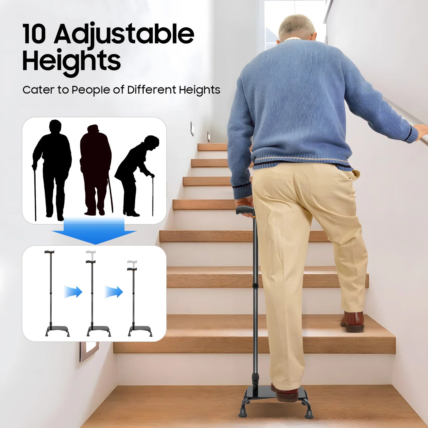 fachgo | Adjustable Walking Stick with 4 Feet, Walking Assist Cane with 4-Legged Base, Stair Lift Aid for Seniors