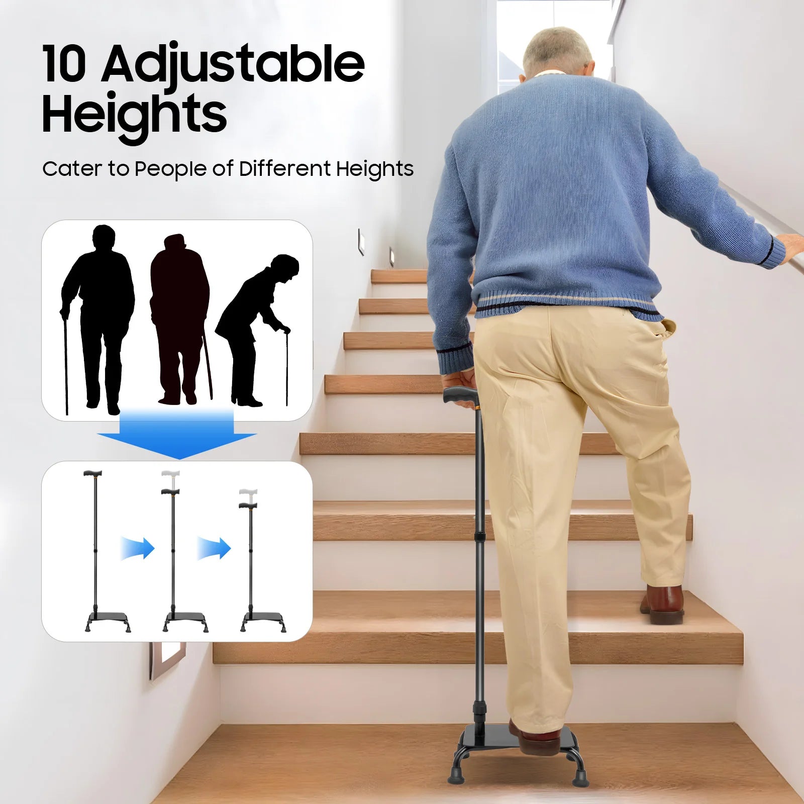 fachgo | Adjustable Walking Stick with 4 Feet, Walking Assist Cane with 4-Legged Base, Stair Lift Aid for Seniors