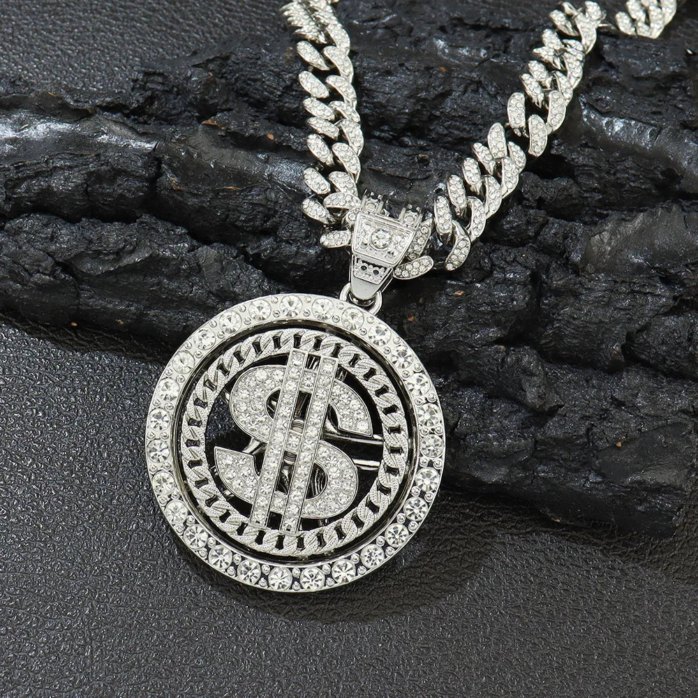fachgo | Men Hip Hop Big Rotatable US Dollar Money Sign Pendant Necklace 13mm Iced out Cuban Chain Choker Necklace Rap Rock Charm Jewelry