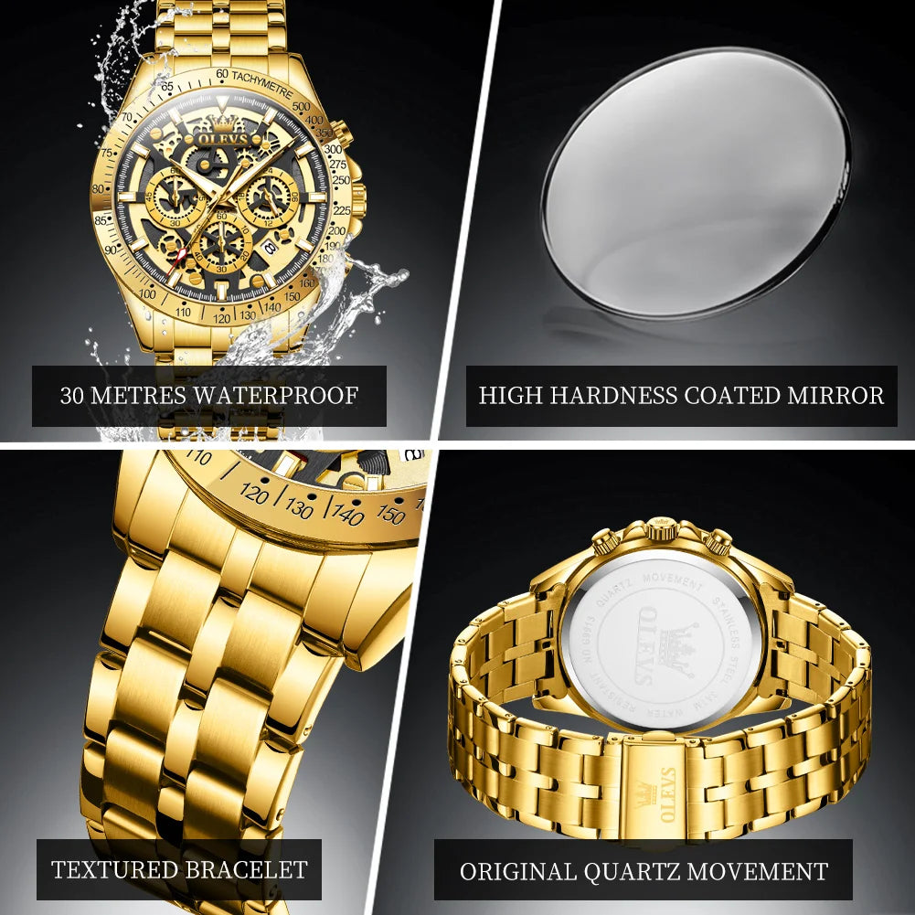 fachgo | OLEVS Lxuxry Brand Gold Men's Watches Full Skeleton Stainless steel Chronograph Wristwatch Waterproof Luminous Quartz Watch Men