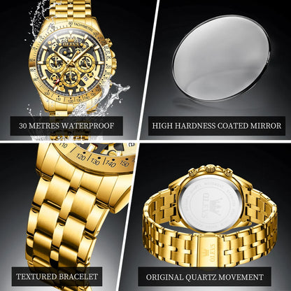 fachgo | OLEVS Lxuxry Brand Gold Men's Watches Full Skeleton Stainless steel Chronograph Wristwatch Waterproof Luminous Quartz Watch Men