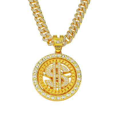 fachgo | Men Hip Hop Big Rotatable US Dollar Money Sign Pendant Necklace 13mm Iced out Cuban Chain Choker Necklace Rap Rock Charm Jewelry