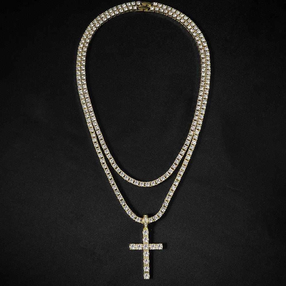 fachgo | Hip Hop Iced Out Cross Pendant Necklace Strap 4mm Zircon Tennis Chain Men Women Sparkling Necklace Punk Jewelry Fashion Gift