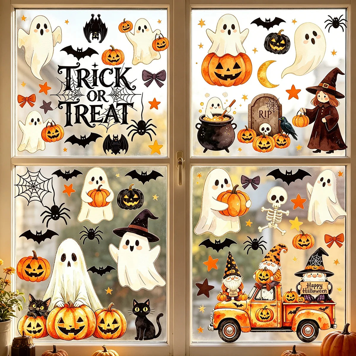 Halloween Static Window Clings PVC Ghost Pumpkin Spider Bat Window Stickers Removable Glass Decals Home Party Window Decor