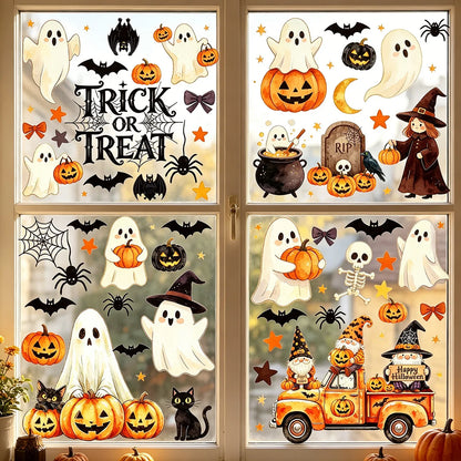 Halloween Static Window Clings PVC Ghost Pumpkin Spider Bat Window Stickers Removable Glass Decals Home Party Window Decor