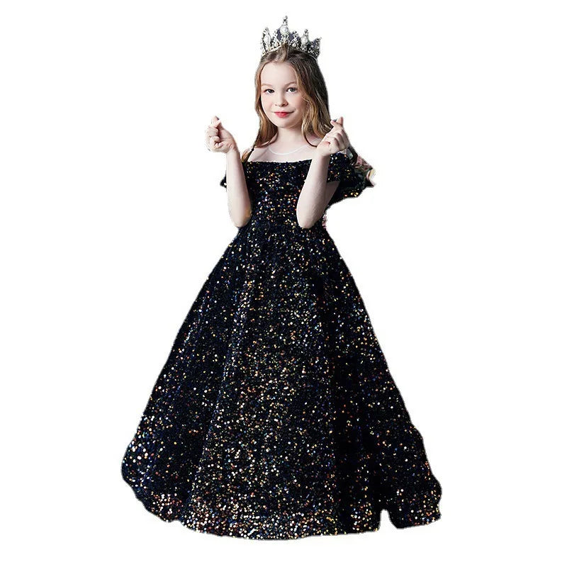 fachgo | Girl's Western Style Evening Dress Flower Girl Sequined Catwalk Host Piano Performance Princess Dress