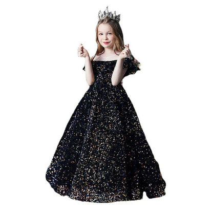fachgo | Girl's Western Style Evening Dress Flower Girl Sequined Catwalk Host Piano Performance Princess Dress