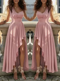 Women's Elegant V Neck Pleated High Slit Evening Maxi Dress