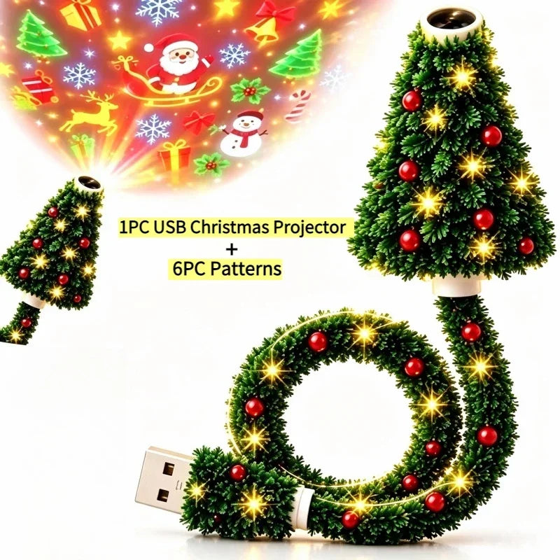 Christmas Projector Light USB Powered Christmas Night Light with 6+ Holiday Patterns Flexible Tree Lamp for Bedroom Ceiling