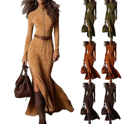 fachgo | Fashion Western Cowboy Long Dress with Pleated Wrap Design Solid Skinny Flowing Ruffled Hem Maxi Dress Chic Travel Clothes