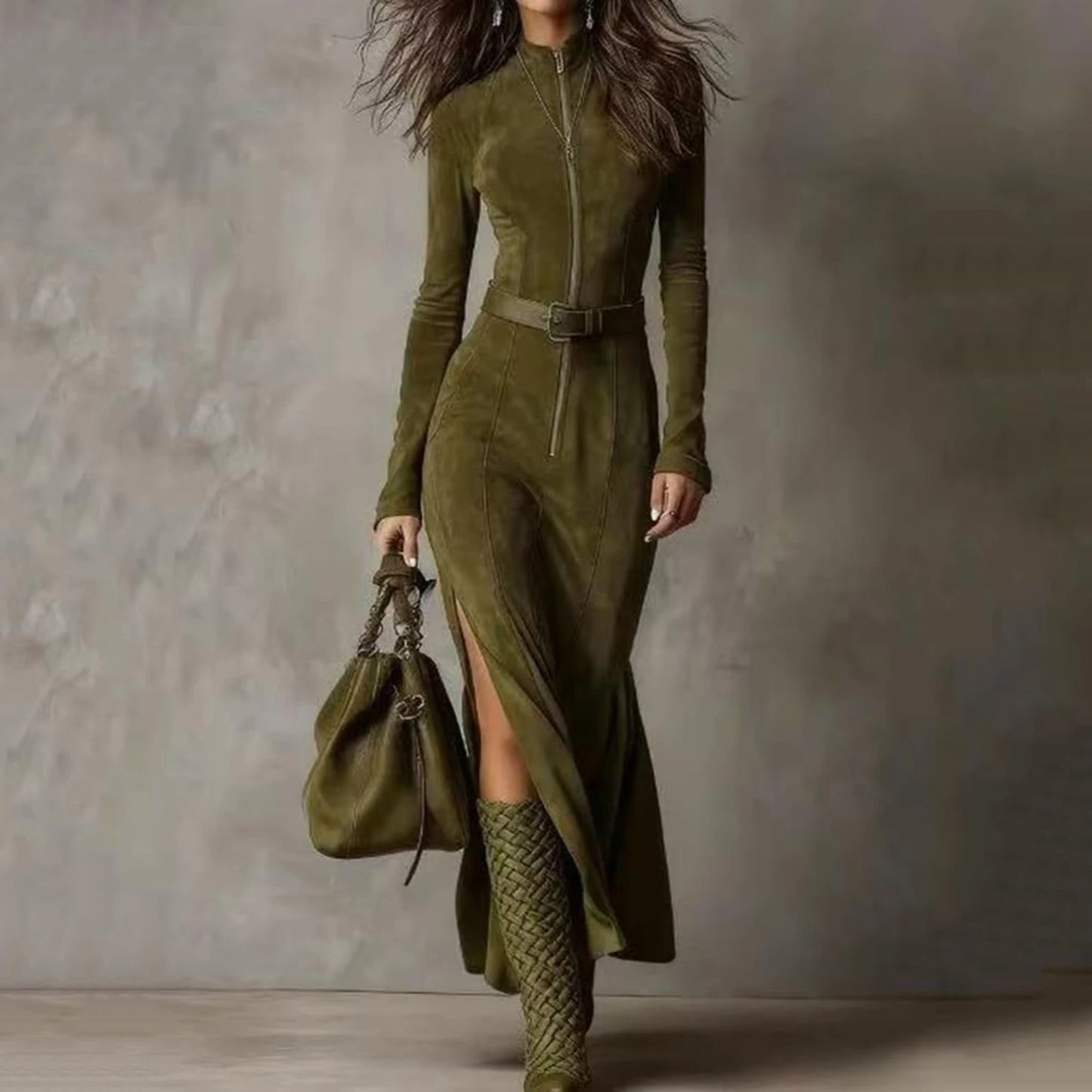 fachgo | Fashion Western Cowboy Long Dress with Pleated Wrap Design Solid Skinny Flowing Ruffled Hem Maxi Dress Chic Travel Clothes