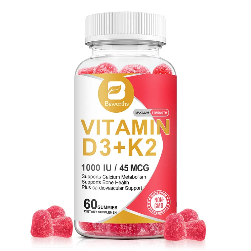fachgo | BEWORTHS 60PCS Vitamin D3+K2 Gummies 1000 IU Vitamin D3 + 45 Mcg Vitamin K2 for Bone Health Promotes Healthy Muscle Function