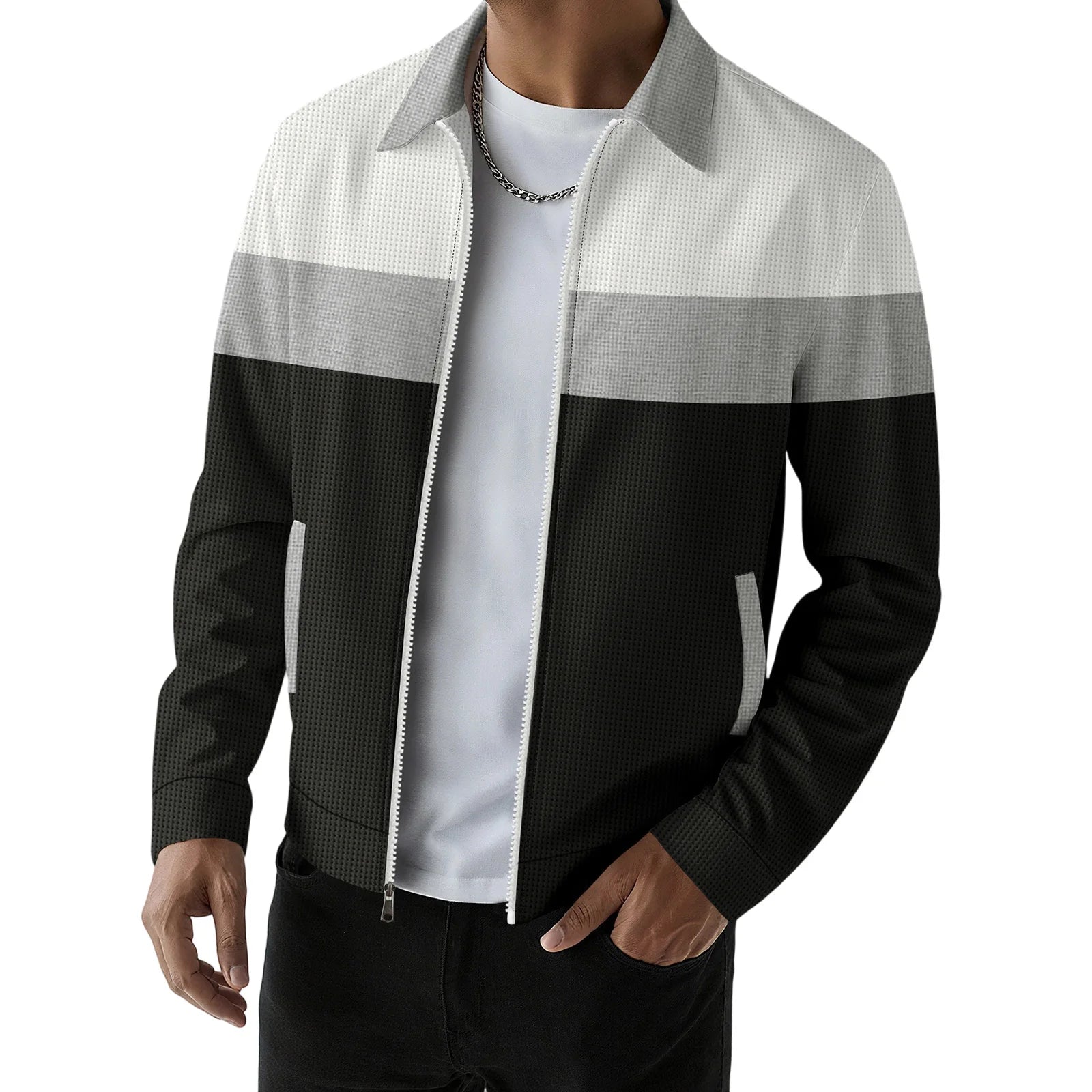 fachgo | Men s Casual Lapel Collar Zip Up Jacket with Patchwork Design Pockets and Stylish Outerwear for Fall Fashion