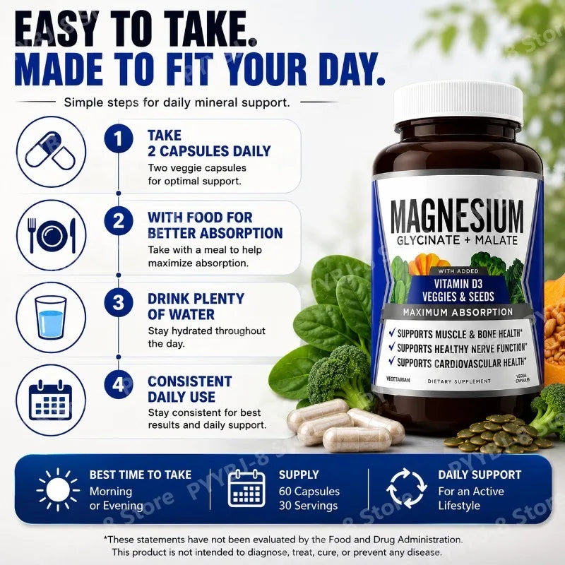 90 Capsules Magnesium Complex Supplement with Glycinate Malate and Vitamin D3 Daily Support Bone and Muscle Health Plant Vegan