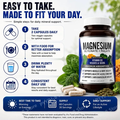 90 Capsules Magnesium Complex Supplement with Glycinate Malate and Vitamin D3 Daily Support Bone and Muscle Health Plant Vegan