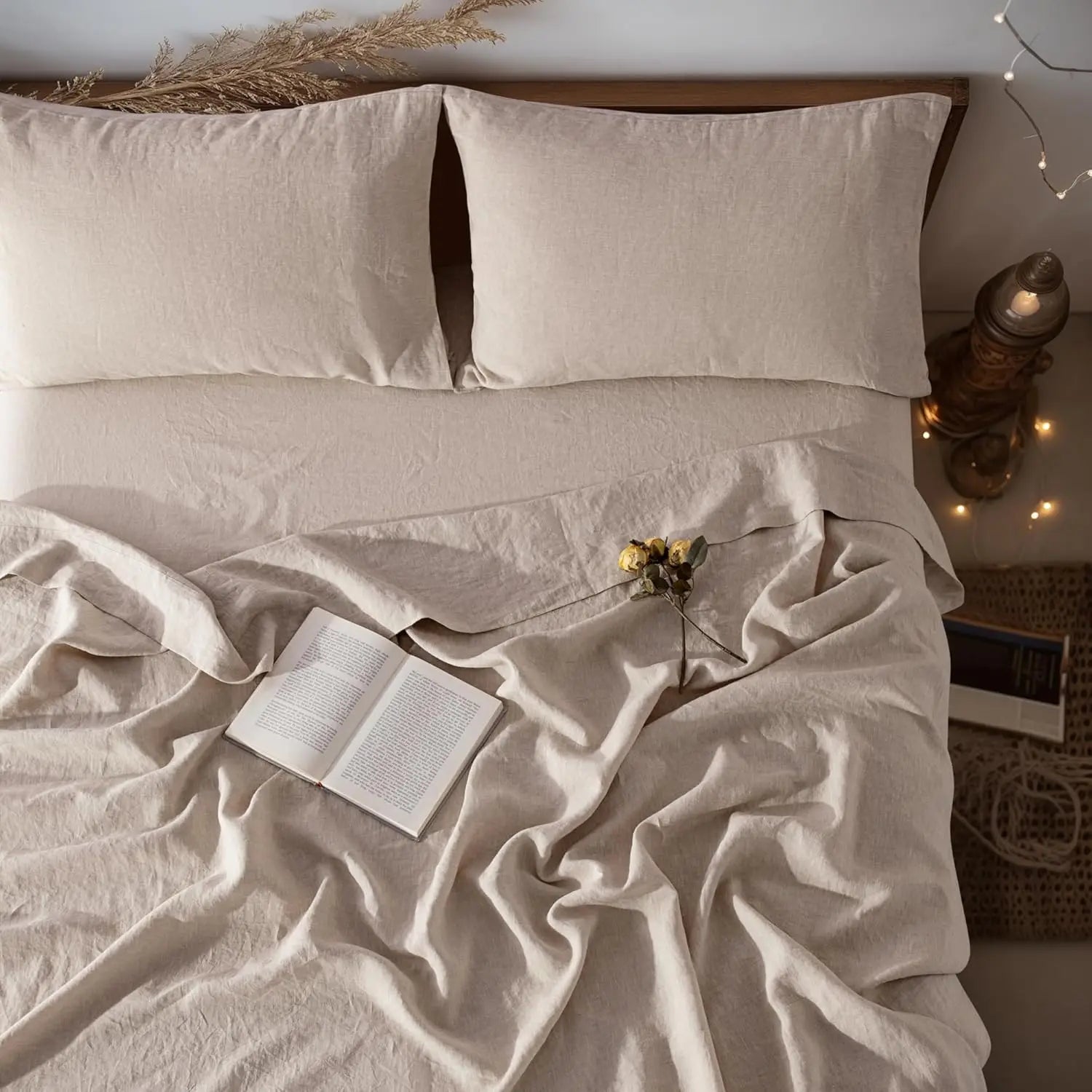 fachgo | Linen Sheets Set,100% French Stone Washed Pure Linen Bed Sheets, 3 Pieces (1 Flat Sheet, 2 Pillowcase) Suitable for Hot Sleepers