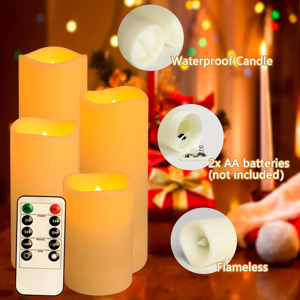 Flameless Candles With Remote, 2/4/6/8H Timer, Outdoor Indoor Waterproof Remote Control Candles Battery Operated,
