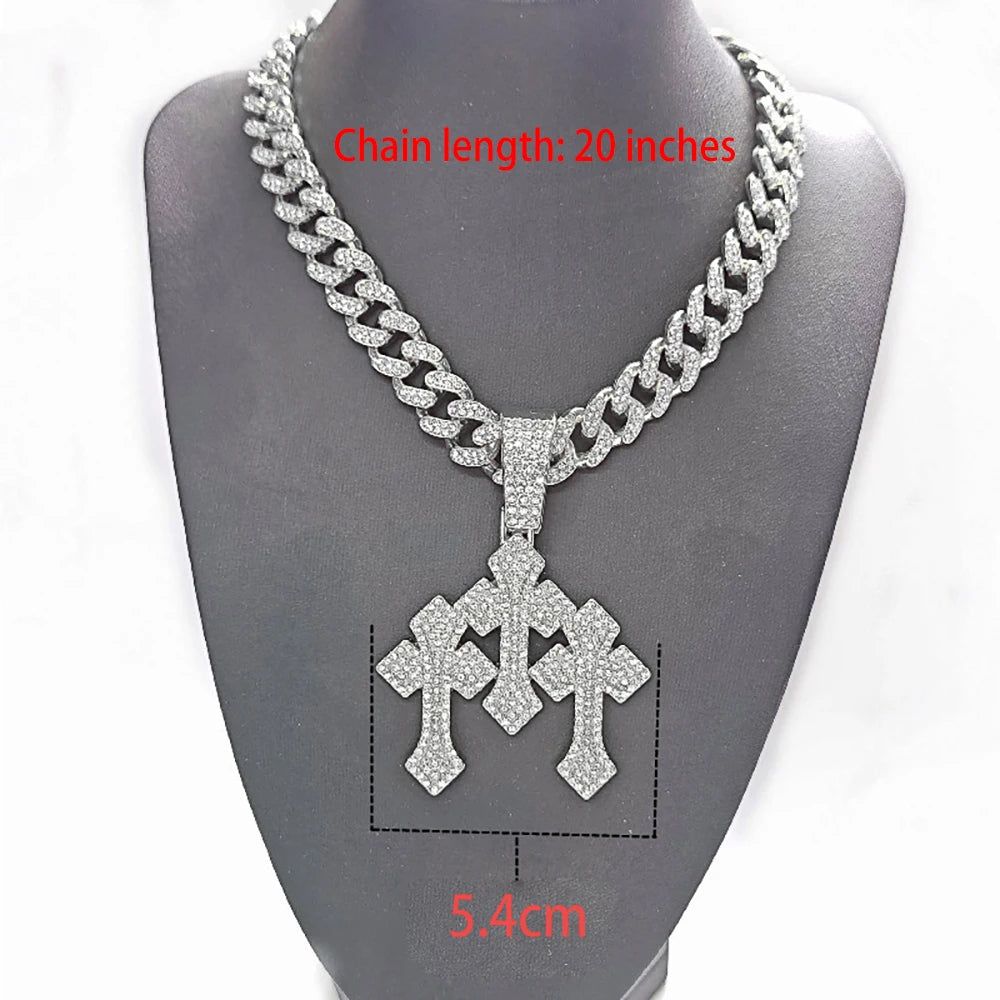 fachgo | New Iced Out Stacked Crosses Pendant Necklaces for Men With 13mm Cuban Chain Hip Hop Cross Rhinestone Jewelry pendant Gift