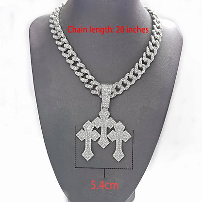 fachgo | New Iced Out Stacked Crosses Pendant Necklaces for Men With 13mm Cuban Chain Hip Hop Cross Rhinestone Jewelry pendant Gift