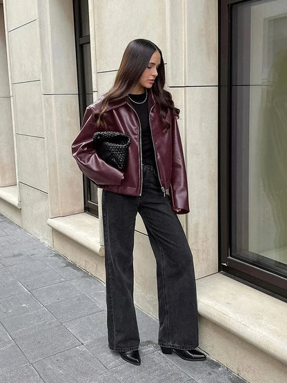 fachgo | Women’s PU Leather Bomber Jacket