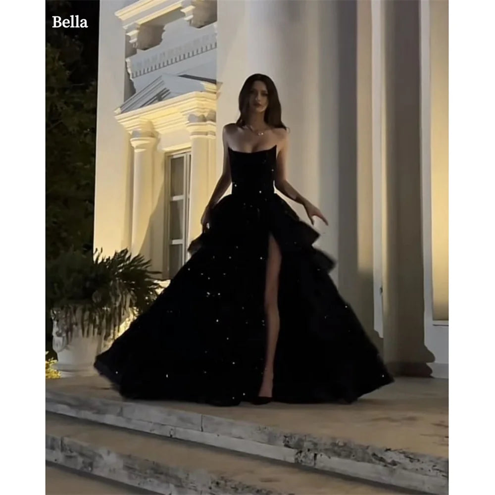 fachgo | Bella Black Tulle Prom Dresses Side Split A-line Strapless Wedding Dress Elegant Customized Sleeveless Vestidos De Fiesta 2024