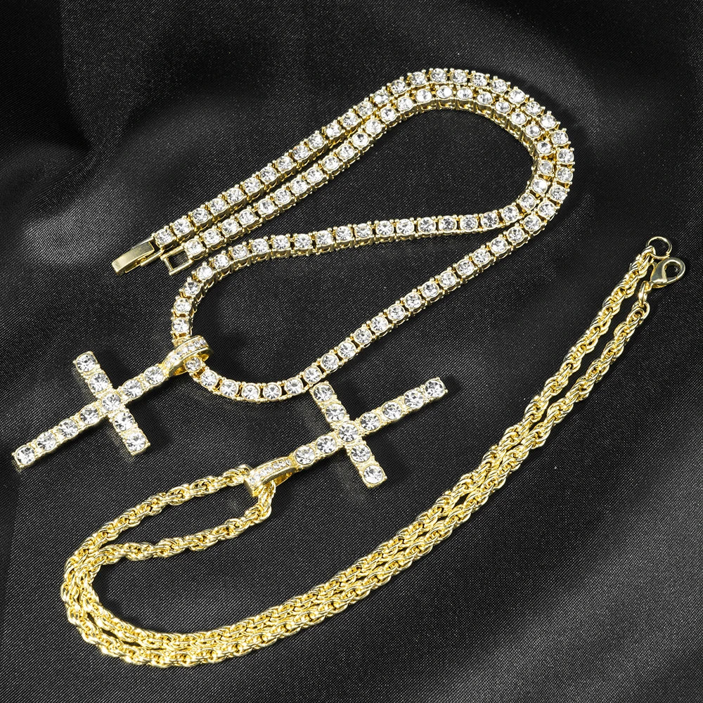 fachgo | Hip Hop Iced Out Cross Pendant Necklace Strap 4mm Zircon Tennis Chain Men Women Sparkling Necklace Punk Jewelry Fashion Gift