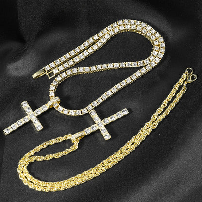 fachgo | Hip Hop Iced Out Cross Pendant Necklace Strap 4mm Zircon Tennis Chain Men Women Sparkling Necklace Punk Jewelry Fashion Gift