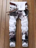 Men's White Printed Slim Fit Jeans Casual Denim Pants