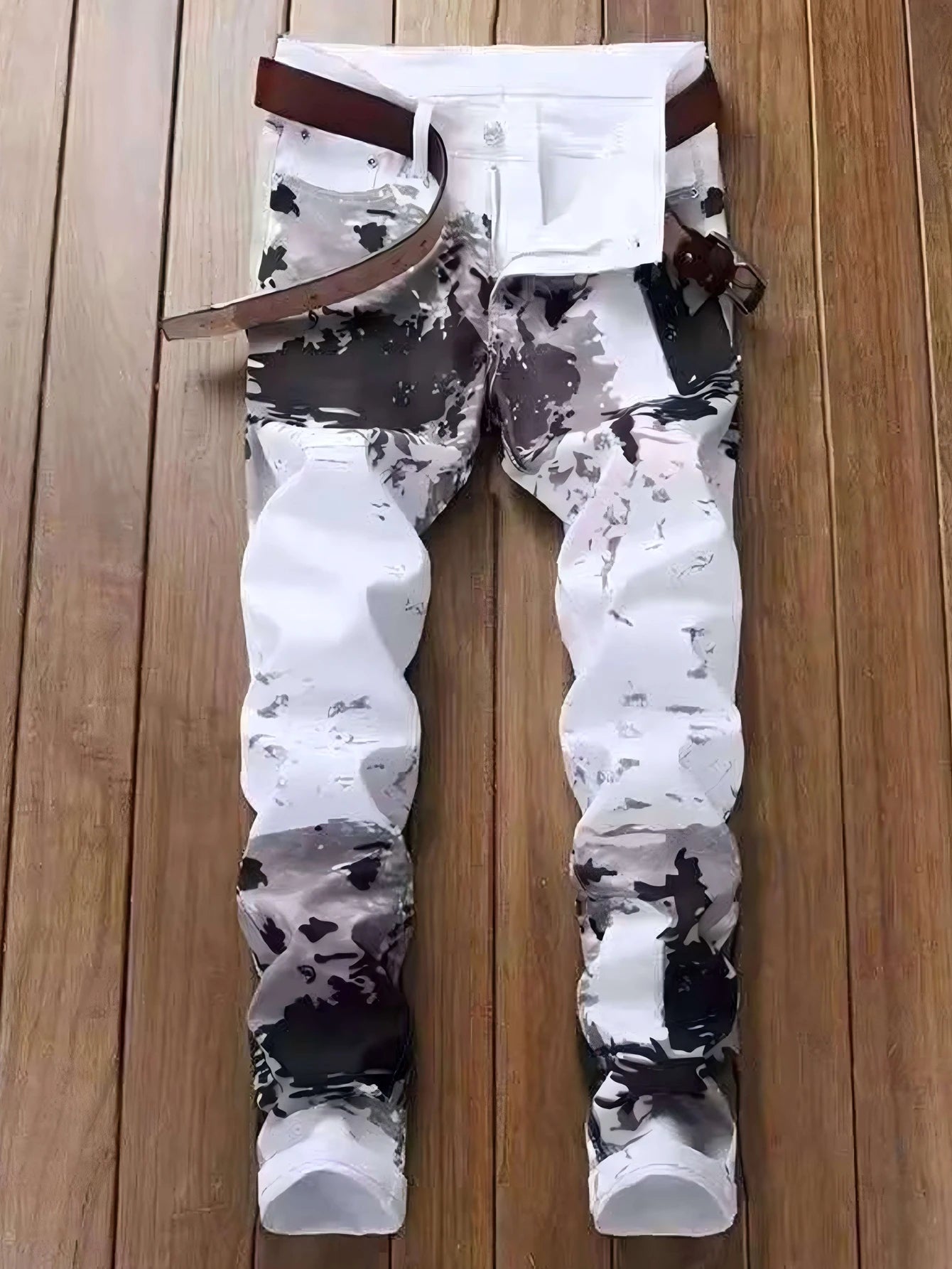 fachgo | Men's Jeans Casual Black And Grey Printed Denim Pants Slim Fit Straight Leg Comfort Mid Waist White Trousers