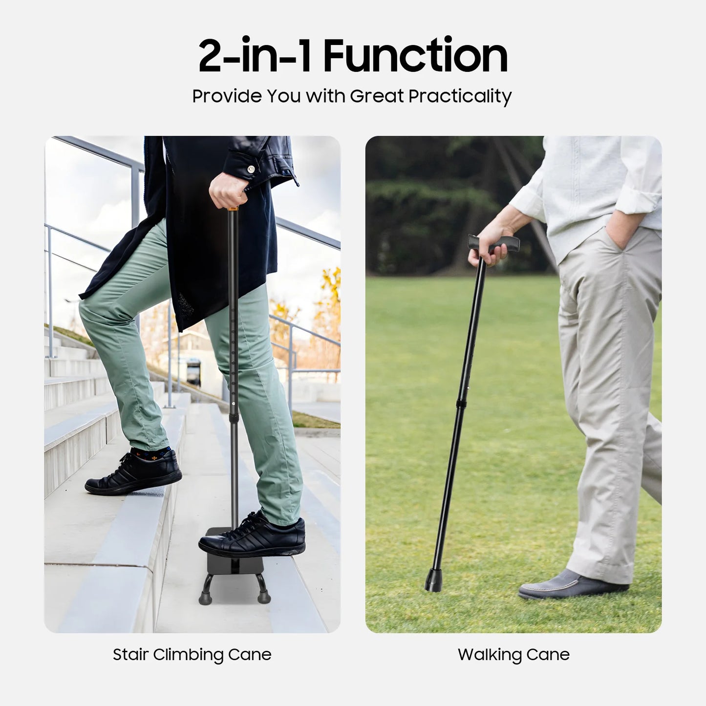 fachgo | Adjustable Walking Stick with 4 Feet, Walking Assist Cane with 4-Legged Base, Stair Lift Aid for Seniors