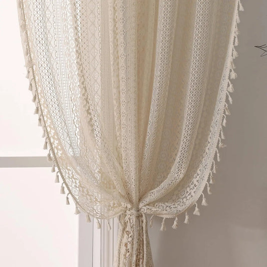 fachgo | 1PC Japanese Boho Style Voile Tulle Curtains for The Living Room Rod Pocket Vintage Tassel Bohemian Decor Geometry