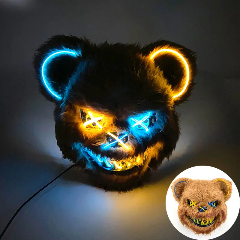 Halloween Light Up Horror Animal Mask LED Luminous Bloody Bear Mask Flashing Neon Cosplay Scary Masquerade Party Mask Supplies