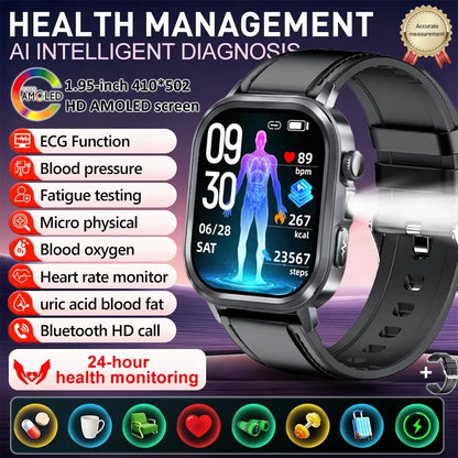 fachgo | New Accurate Blood Pressure Smart Watch Uric Acid ECG+PPG Blood Oxygen Body Analysis Body Fat LED Flashlight smart watches 2025