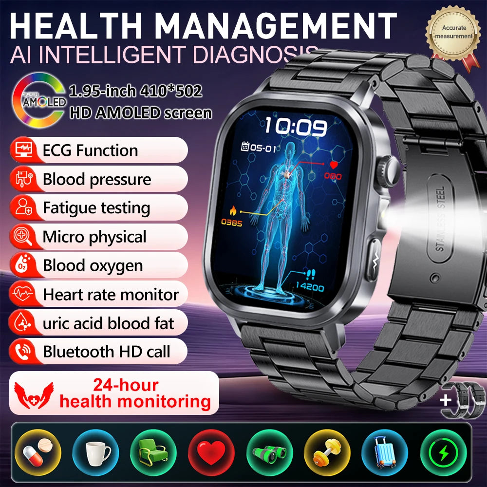 fachgo | New Accurate Blood Pressure Smart Watch Uric Acid ECG+PPG Blood Oxygen Body Analysis Body Fat LED Flashlight smart watches 2025