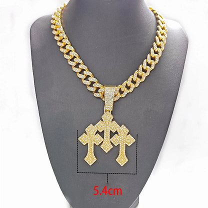 fachgo | New Iced Out Stacked Crosses Pendant Necklaces for Men With 13mm Cuban Chain Hip Hop Cross Rhinestone Jewelry pendant Gift