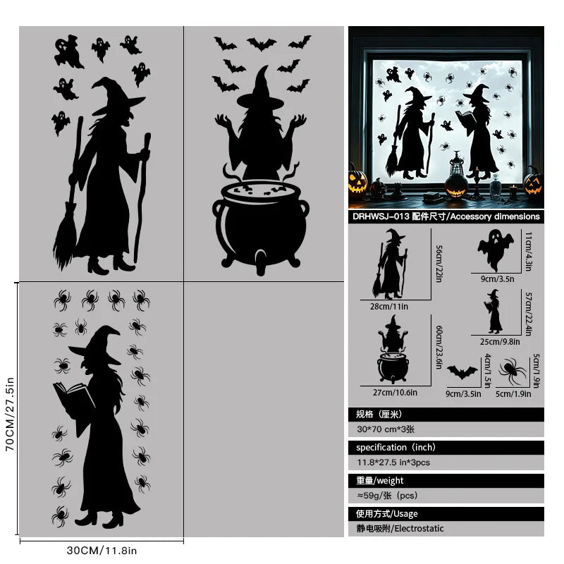 Halloween Static Window Clings PVC Ghost Pumpkin Spider Bat Window Stickers Removable Glass Decals Home Party Window Decor