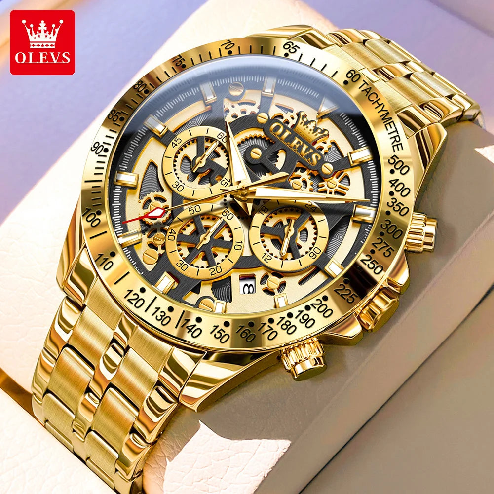 fachgo | OLEVS Lxuxry Brand Gold Men's Watches Full Skeleton Stainless steel Chronograph Wristwatch Waterproof Luminous Quartz Watch Men