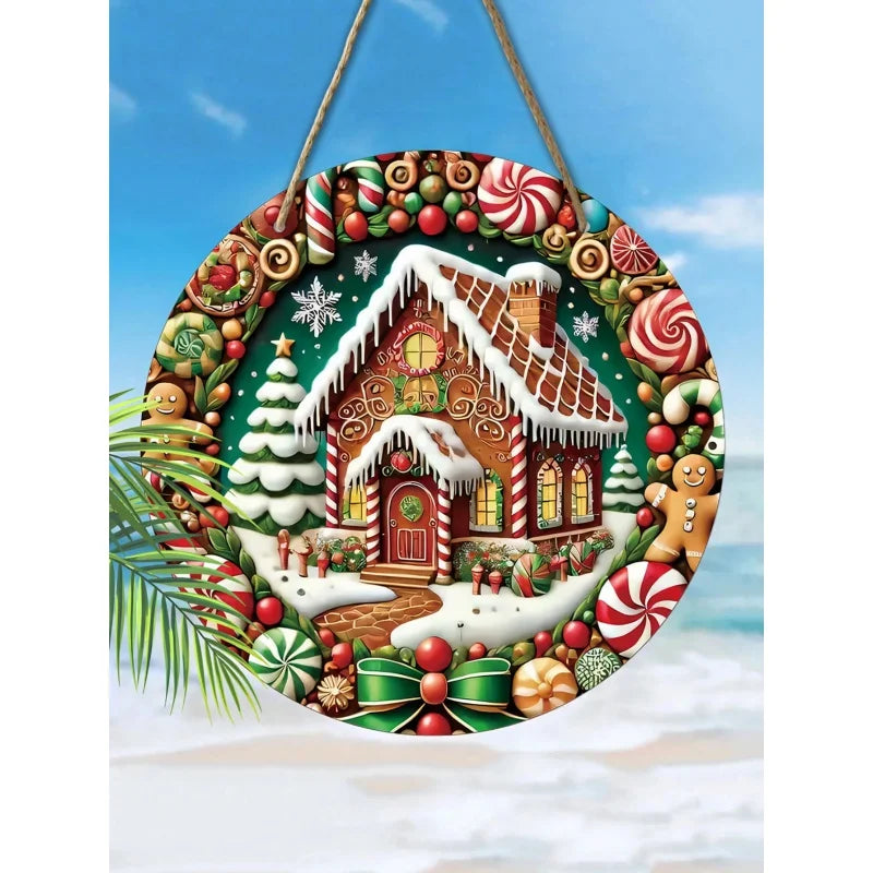 fachgo | Christmas Wooden Decorations2DRelief Snow House Gingerbread Man Candy Garland Sign For Courtyard Balcony Door Outdoor Home Decor