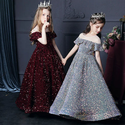fachgo | Girl's Western Style Evening Dress Flower Girl Sequined Catwalk Host Piano Performance Princess Dress