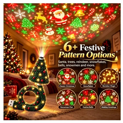 Christmas Projector Light USB Powered Christmas Night Light with 6+ Holiday Patterns Flexible Tree Lamp for Bedroom Ceiling
