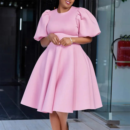 fachgo | Elegant Dresses for Woman 2024 O Neck Short Sleeve High Waisted Pleated Mid Calf Luxury Female Birthday Party Dinner Vestidos