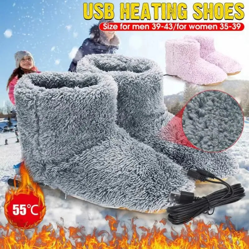 USB Heater Shoes Men Women Winter Warm Snow Boots Foot Warmer Plush Heating Rechargeable Slippers Electric Heated Slippers